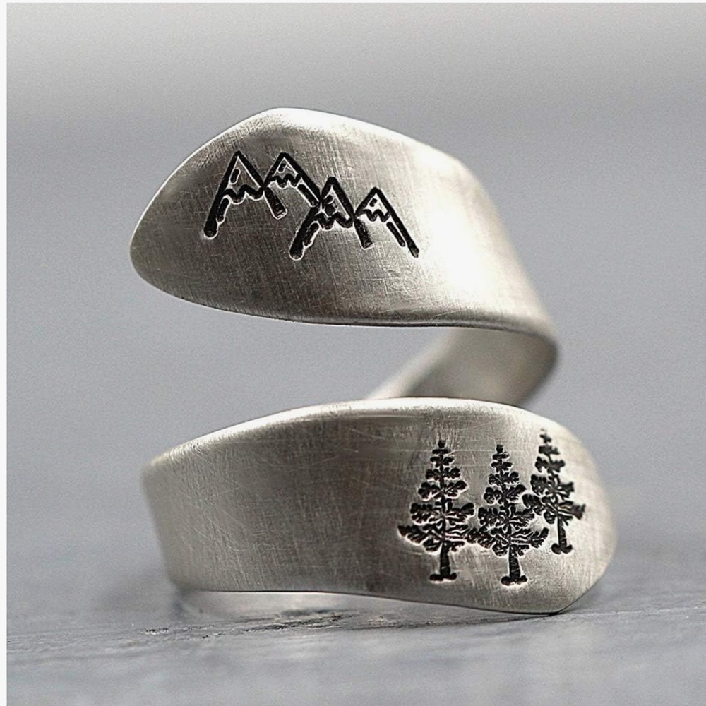Silver Mountain and Tree Engraved Ring